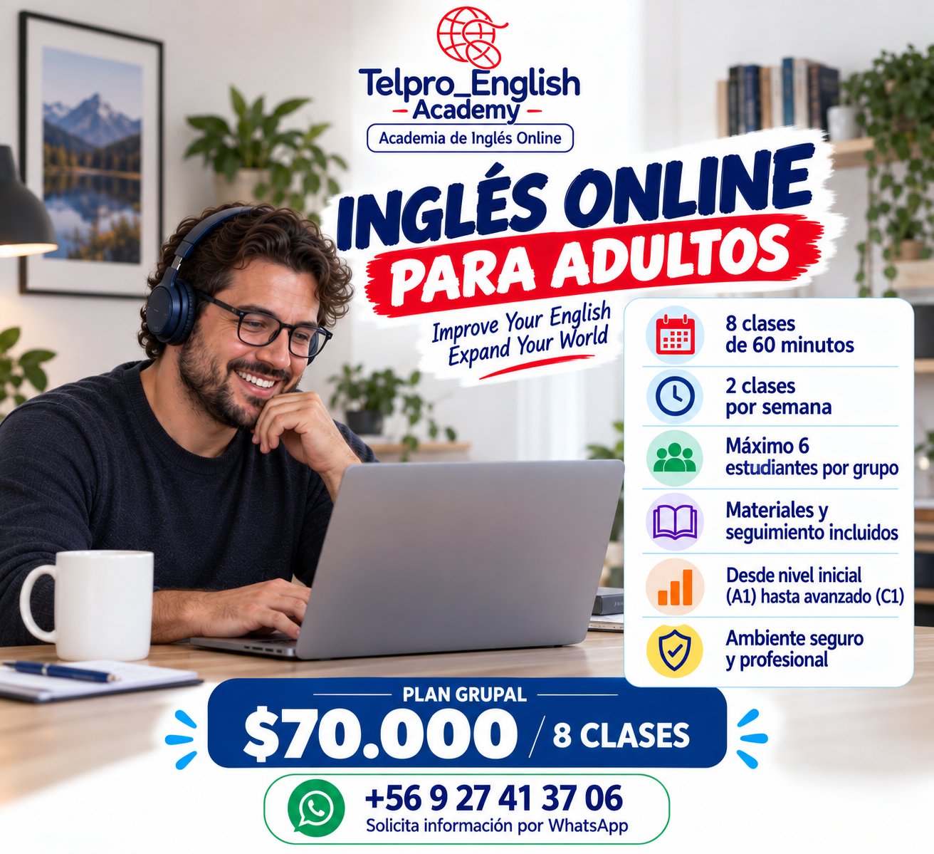 Afiche original de Telpro: inglés online para adultos, ocho clases de sesenta minutos